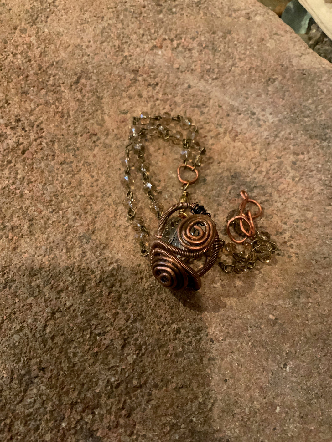 Wired Wrapped Crystal and Copper Necklace