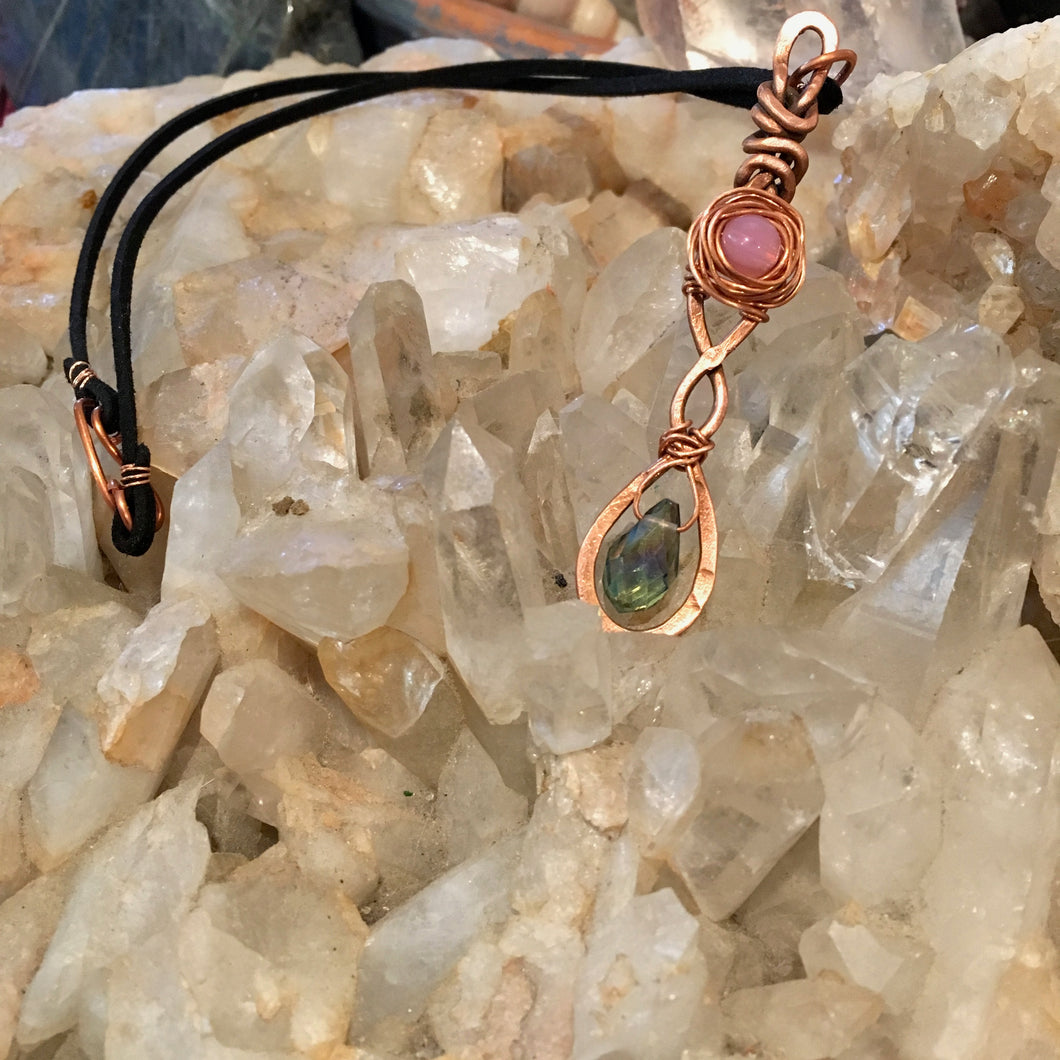 Copper, Crystal & Opalescent Leather Necklace