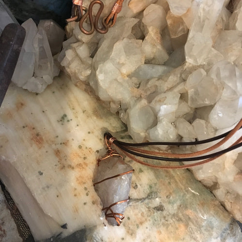 Copper Wrapped Quartz & Leather Necklace
